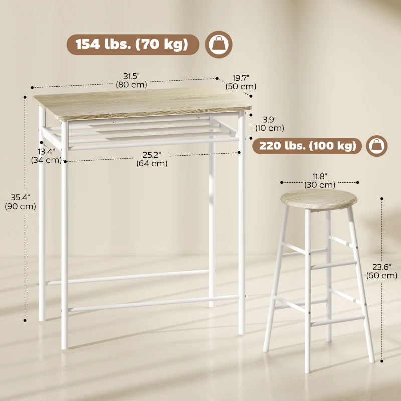 HOMCOM 3 Piece Counter Height Bar Table Set with 1 Table, 2 Matching Stools, Dining Table Set with Storage Shelf and Metal Frame Footrest, White and Oak