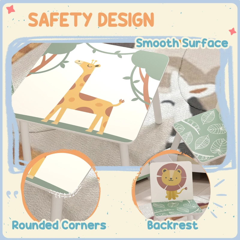 Qaba 3-Piece Kids Table and Chair Set with Animal Pattern for Boys and Girls Aged 3-8, Bedroom, Nursery, Playroom, Green
