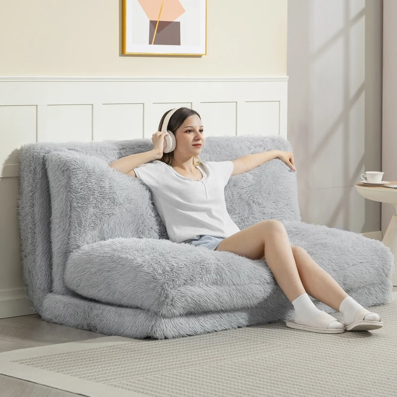 HOMCOM Bean Bag Floor Sofa Bed, Contemporary Plush Wide Folding Floor Mattress, Foam Filling Wall Couch Sleeper, Light Gray