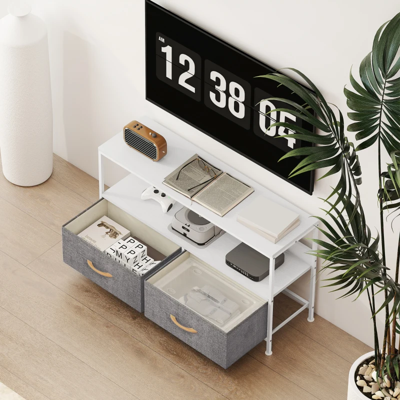 HOMCOM TV Stand with Charging Station, TV Table with 2 Foldable Linen Drawers and Open Shelf for 47 Inch Television, White