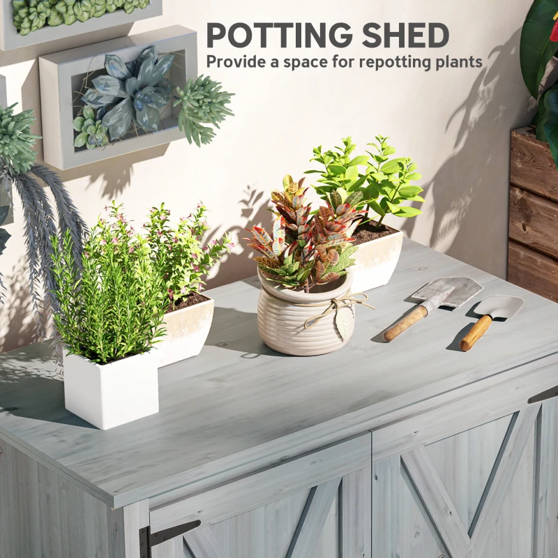 Outsunny Wooden Outdoor Storage Cabinet, Garden Shed Potting Shed with Shelf and Double Doors, Light Gray