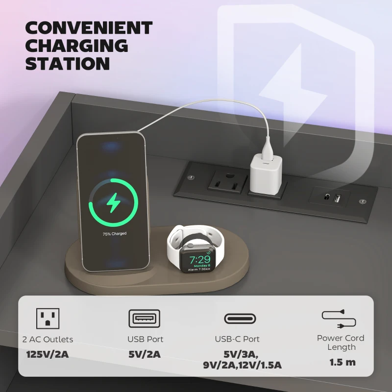 HOMCOM Wall Mounted Bedside Table, Set of 2 Floating Nightstand with Charging Station, Drawer and Open Shelf for Bedroom, Black