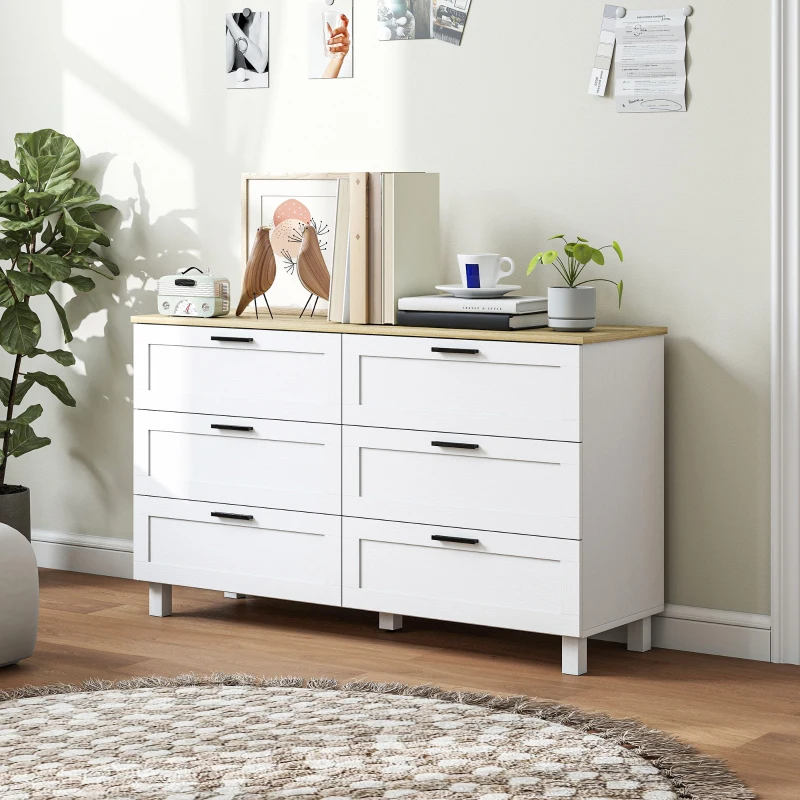 HOMCOM 47" Wide Chest of Drawers, Modern Dresser with 6 Drawers and Wood Legs for Bedroom, Living Room, Entryway, White