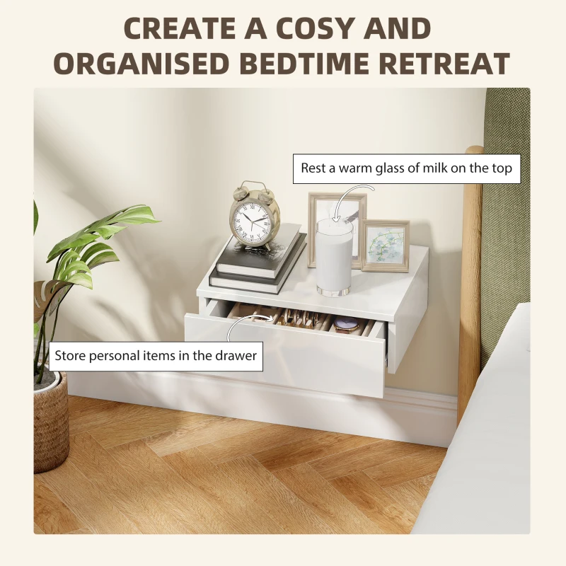 HOMCOM Set of 2 Wall Mounted Bedside Tables, High Gloss Floating Nightstands with Drawer for Bedroom, White