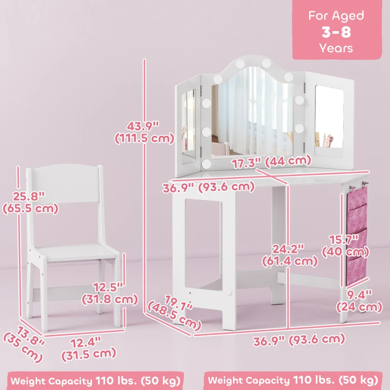 Qaba Kids Vanity Table and Chair Set with Lights, Makeup Dressing Table with Tri-Fold Mirror for Ages 3-8 Years, White