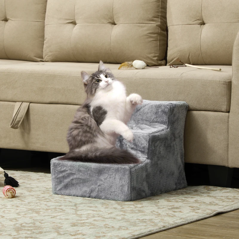 PawHut 3-Step Dog Ramp for Sofa, Bed, and Couch, with Removable Cover, Light Grey