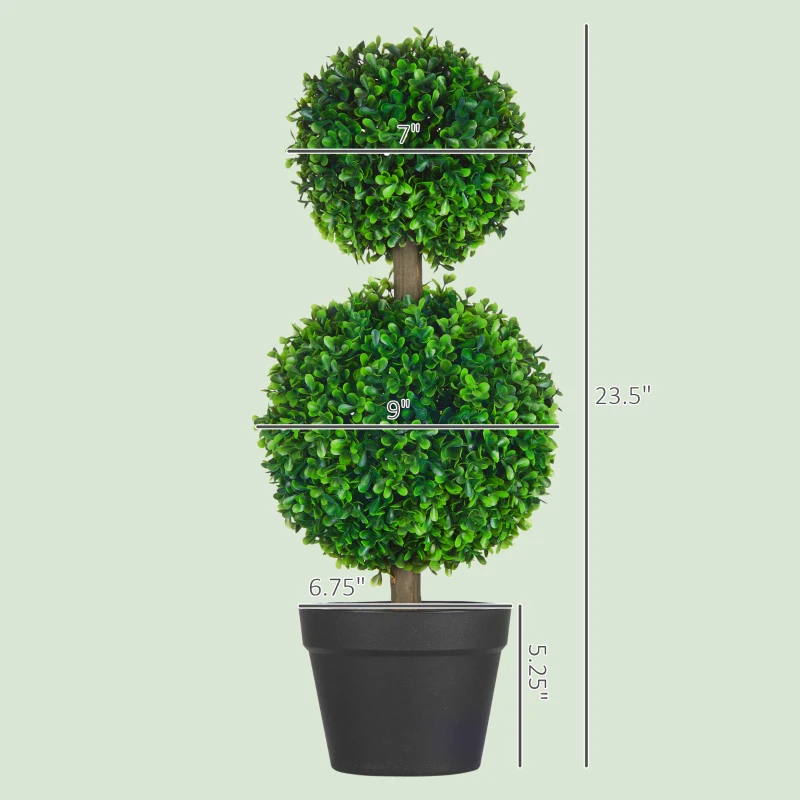 HOMCOM 2 Pcs 23.6" Artificial Boxwood Ball Topiary Tree Set of 2 Fake Plants in Pot with Double Ball-Shaped Leaves Green