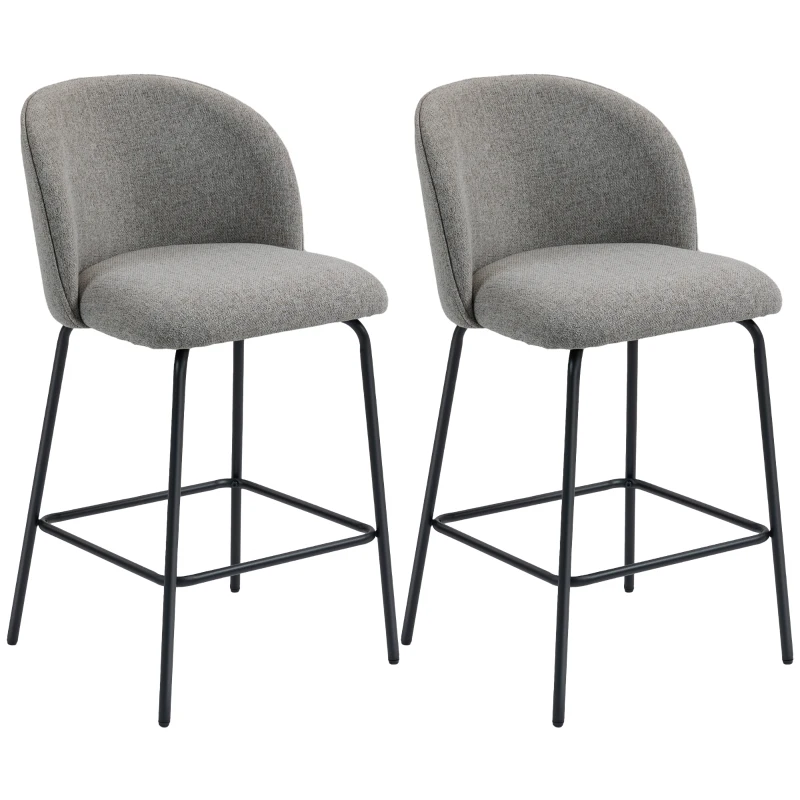 HOMCOM Set of 2 Counter Height Barstools, Upholstered Linen Bar Stools with Backrest, Footrest and Steel Legs, Dark Grey