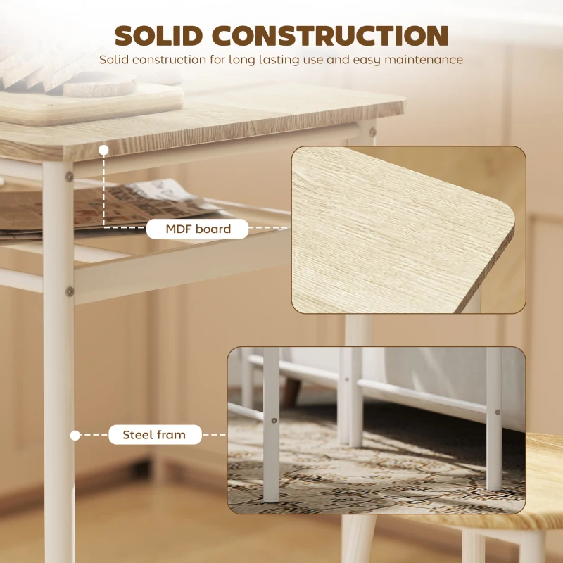 HOMCOM 3 Piece Counter Height Bar Table Set with 1 Table, 2 Matching Stools, Dining Table Set with Storage Shelf and Metal Frame Footrest, White and Oak
