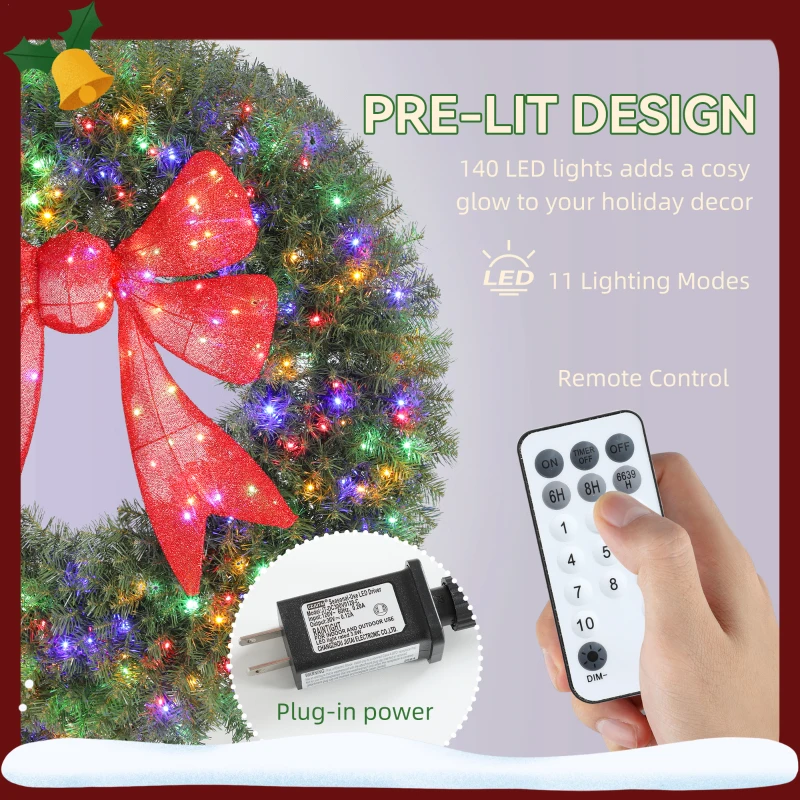 HOMCOM 36in Pre-Lit Christmas Wreath with 3D Red Bow, 11 Lighting Modes, Front Door Christmas Wreath with Remote