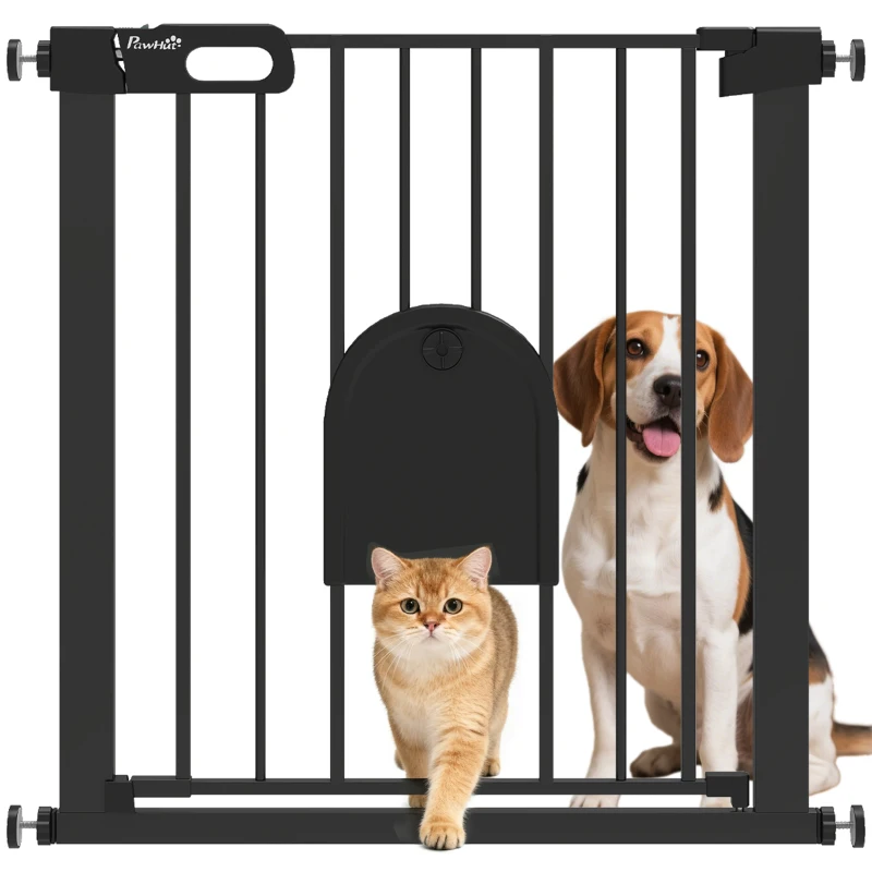 PawHut 30"-32" Extra Wide Pet Gate Barrier with Small Door, 30"H Dog Gate with Safety Gate Barrier, Stair Pressure Fit, Black