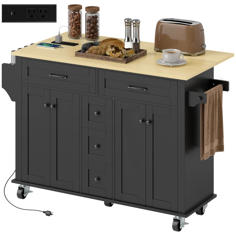 HOMCOM Kitchen Island Cart with Power Outlet & Drop Leaf, 55" Rolling Kitchen Island on Wheels with Storage, Black