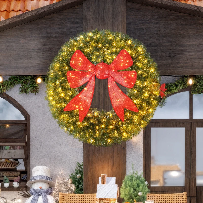 HOMCOM 60in Pre-Lit Christmas Wreath with 3D Red Bow, 11 Lighting Modes, Front Door Christmas Wreath with Remote