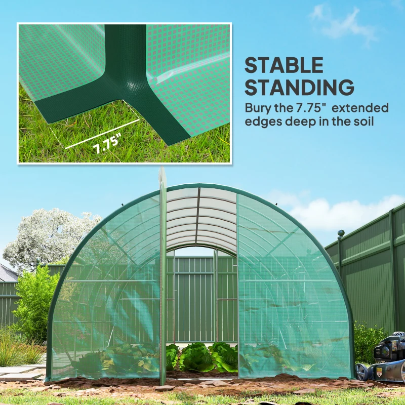 Outsunny Tunnel Greenhouse Walk-in Plant Warm House with 2 Hinged Doors, 8 Mesh Windows, 20' x 10' x 6.6', Green