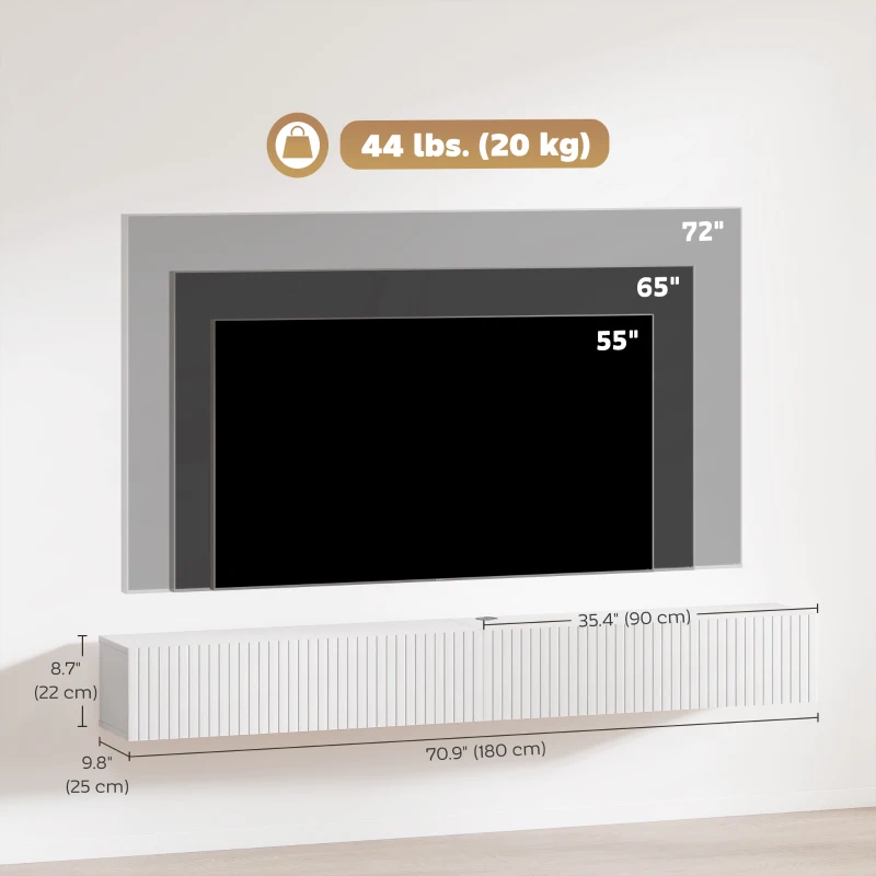 HOMCOM 71" Floating TV Stand for TVs up to 72 Inch, Wall Mount Media Console with 2 Fluted Flip-Down Doors, Cable Hole, White