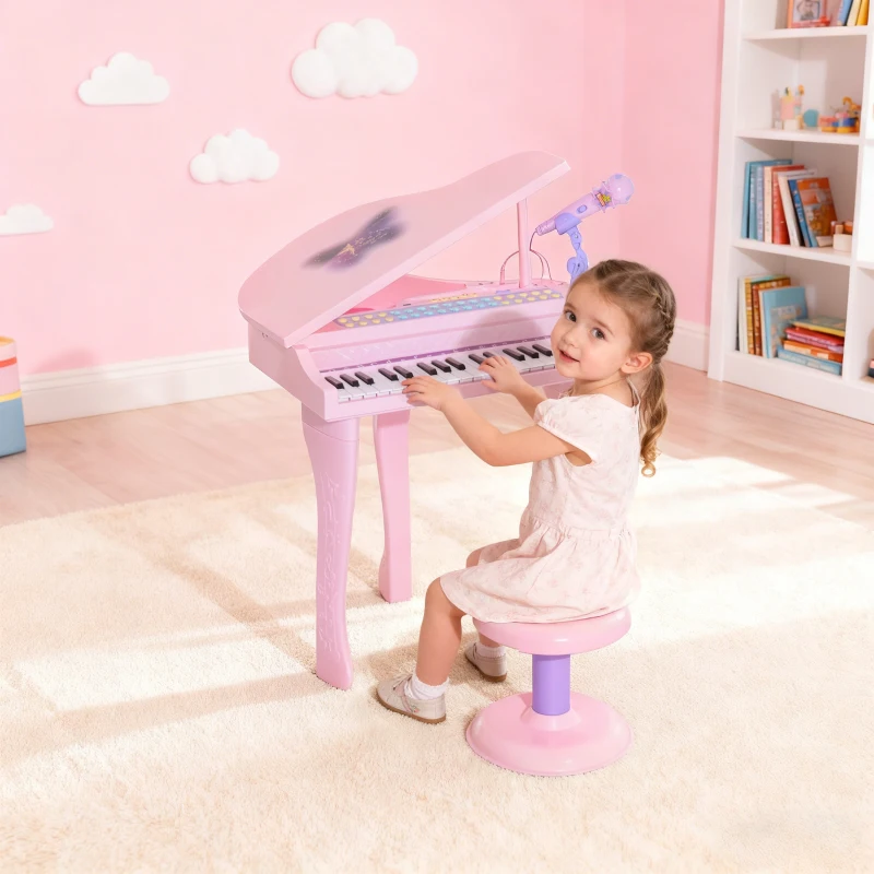 Qaba Mini Electronic Musical Piano 37 Key Keyboard Multifunction Kids Toy with Microphone Stool (Pink)