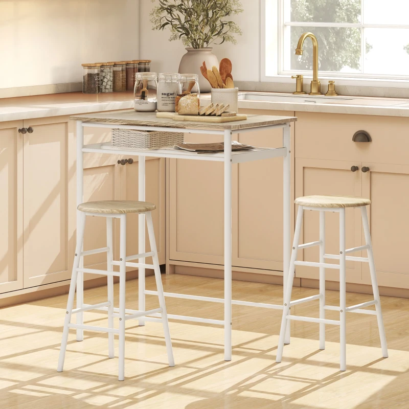 HOMCOM 3 Piece Counter Height Bar Table Set with 1 Table, 2 Matching Stools, Dining Table Set with Storage Shelf and Metal Frame Footrest, White and Oak