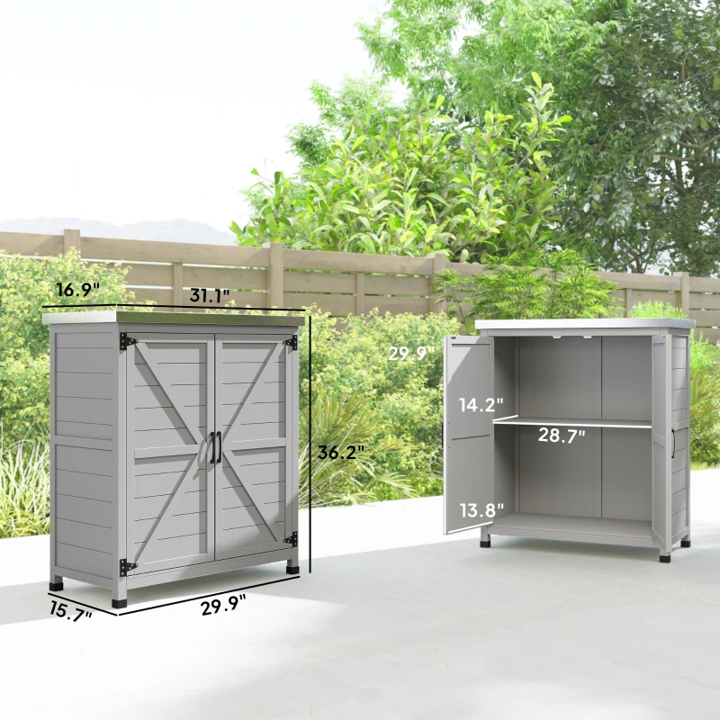 Outsunny Wooden Storage Cabinet, Outdoor Prep Table with Metal Tabletop, Shelves and Double Doors for Patio, Garden, Gray