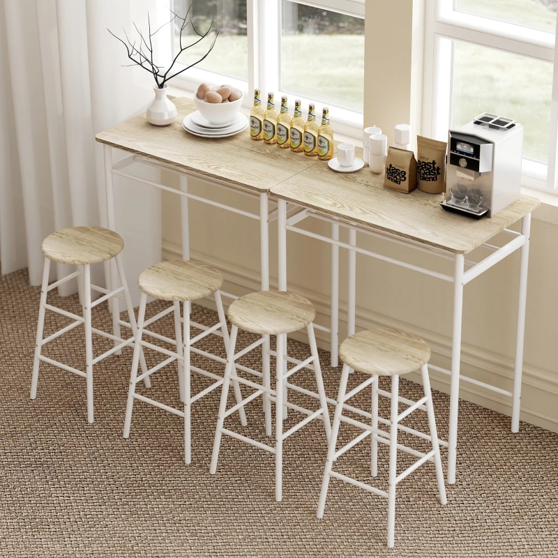 HOMCOM 3 Piece Counter Height Bar Table Set with 1 Table, 2 Matching Stools, Dining Table Set with Storage Shelf and Metal Frame Footrest, White and Oak