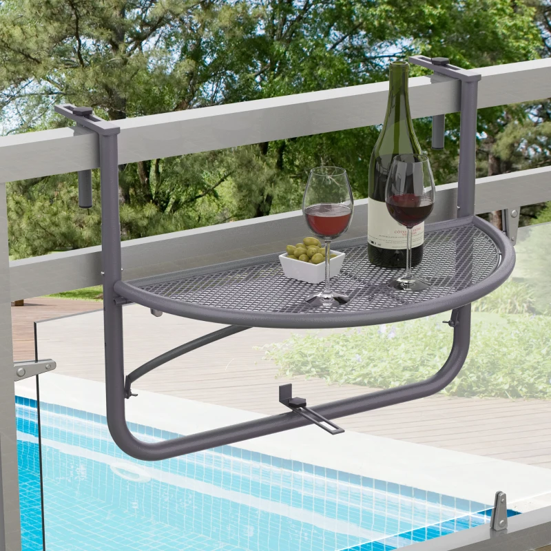 Outsunny Adjustable Balcony Hanging Railing Table, Metal Mounting Mini Wall Desk Storage Rack, Outdoor Flower Stand Serving Table Half Round, Grey
