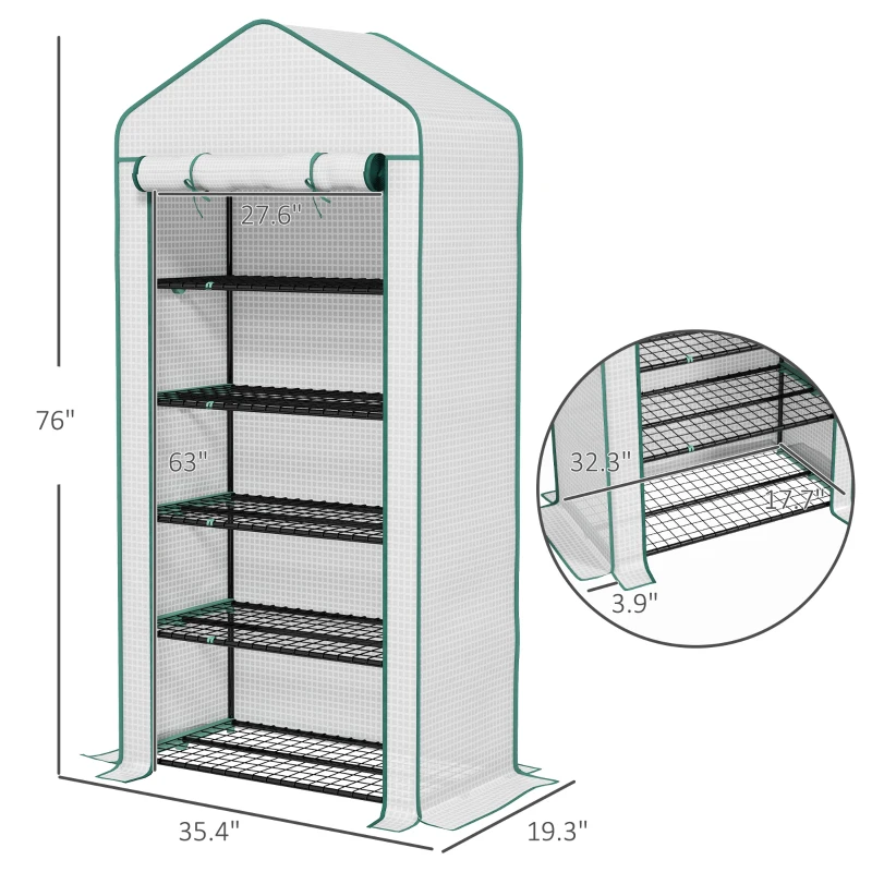 Outsunny 5 Tier Mini Greenhouse, Small Portable Greenhouse with PE Cover, Roll-Up Zippered Door, 76" x 35.4" x 19.3", White