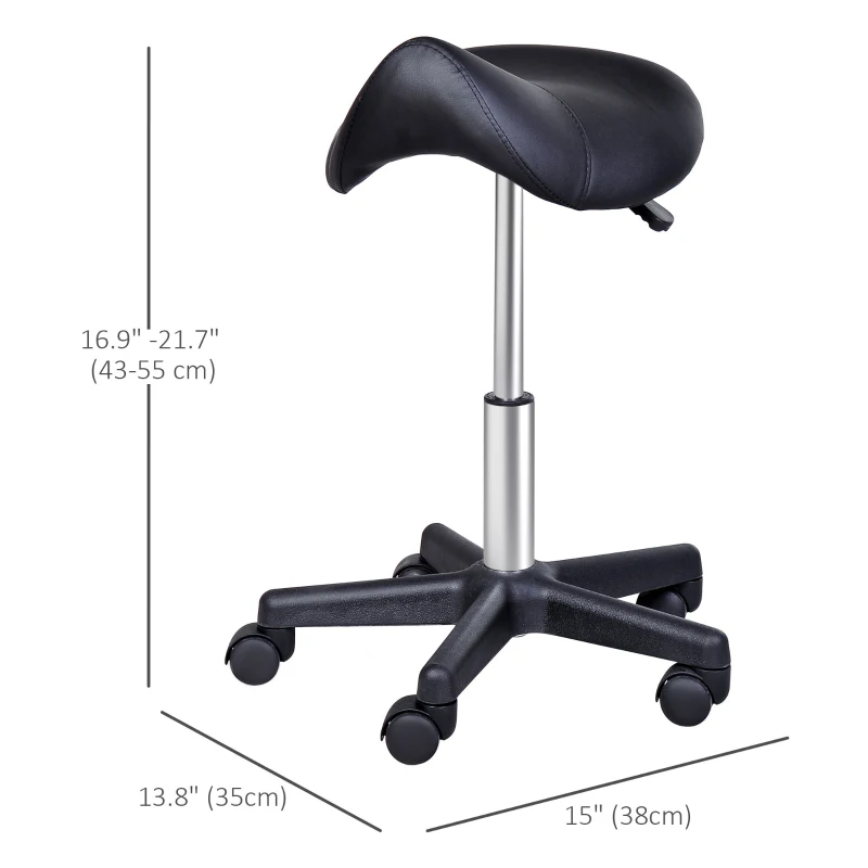 HOMCOM Saddle Stool, PU Leather Rolling Stool with Wheels, Adjustable Salon Chair for Kitchen, Salon Spa, Bar, Home Office, Massage, Black
