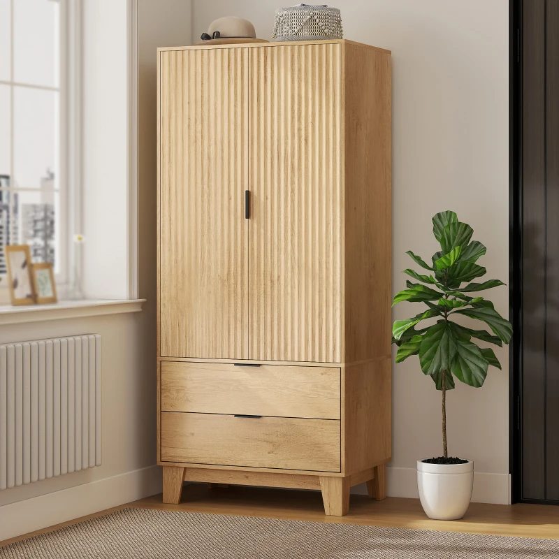 HOMCOM Modern Wardrobe Closet, Freestanding Armoire with Soft-Close Doors, 2 Drawers and Hanging Rod for Bedroom, Natural