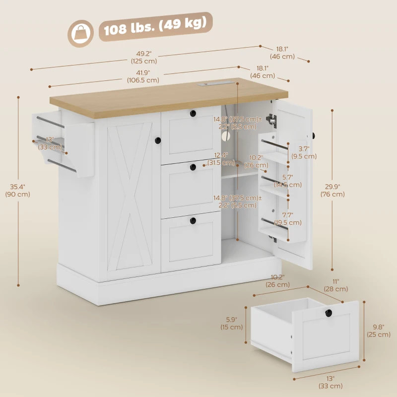 HOMCOM Farmhouse Kitchen Island Cart with Power Outlet and Soft-Close Doors, 49" Kitchen Island with 3 Drawers, White