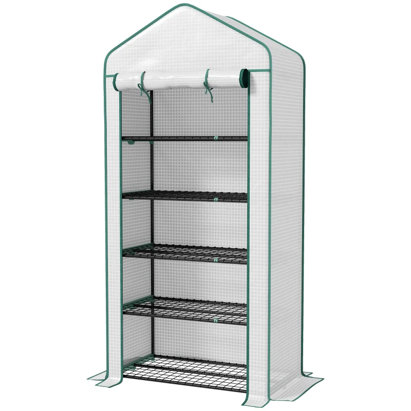 Outsunny 5 Tier Mini Greenhouse, Small Portable Greenhouse with PE Cover, Roll-Up Zippered Door, 76" x 35.4" x 19.3", White