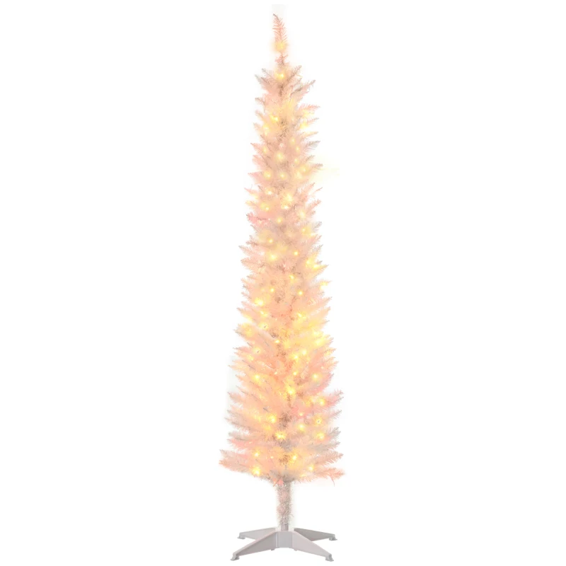HOMCOM 6' Prelit Christmas Trees, Pencil Artificial Christmas Tree with Colorful Surface Branches, Colorful LED Lights, White