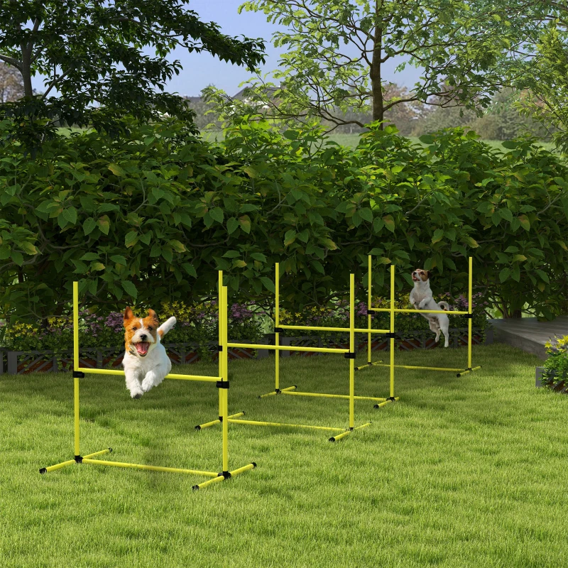 PawHut 4 Piece Dog Agility Set with Adjustable Height Jump Bars, Carry Bag, Displacing Top Bar, Yellow Yellow