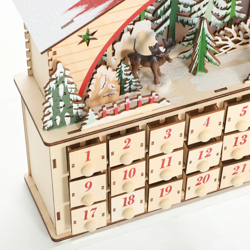 HOMCOM Christmas Advent Calendar with 24 Countdown Drawers and LED Lights, Wooden Advent Calendar House, Battery Operated
