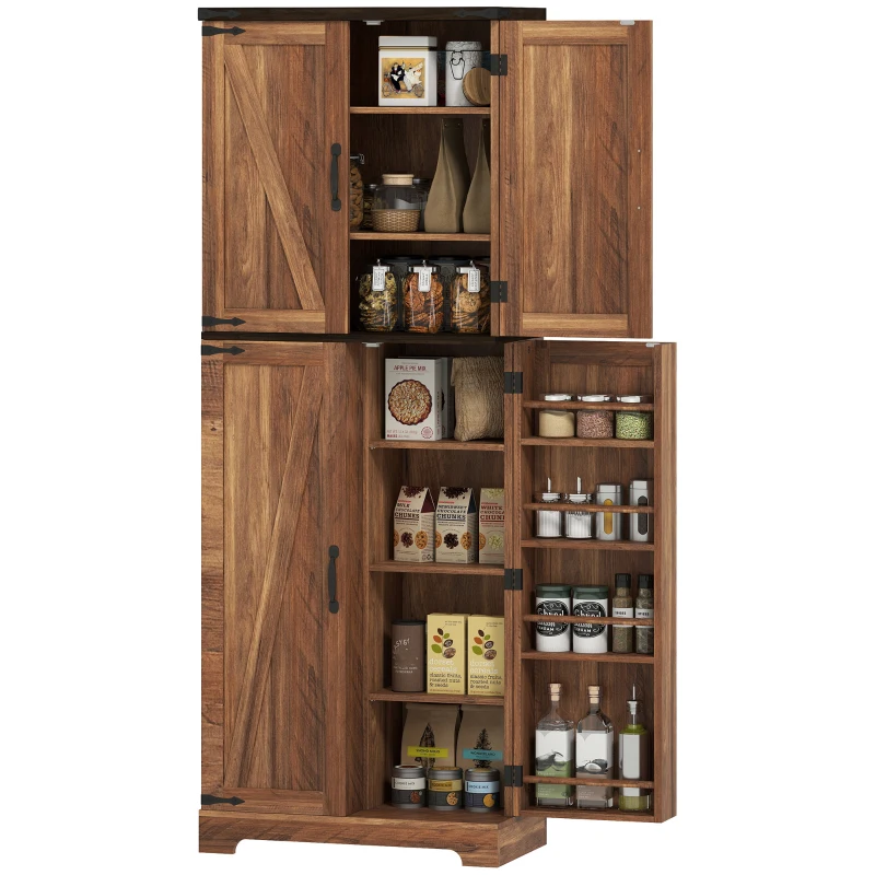 HOMCOM 64" Tall Kitchen Pantry Cabinet with Spice Racks and Adjustable Shelves, Brown Wood Grain