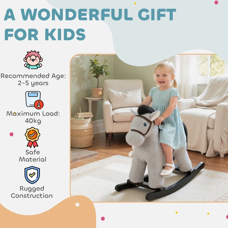 Qaba Kids Rocking Horse, Plush Toddler Ride on Toy with Realistic Neigh and Toy for 2–5 Years Old, Gray