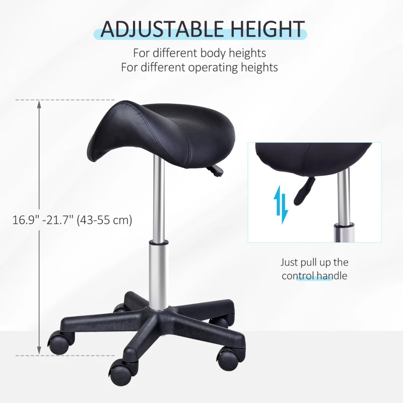 HOMCOM Saddle Stool, PU Leather Rolling Stool with Wheels, Adjustable Salon Chair for Kitchen, Salon Spa, Bar, Home Office, Massage, Black