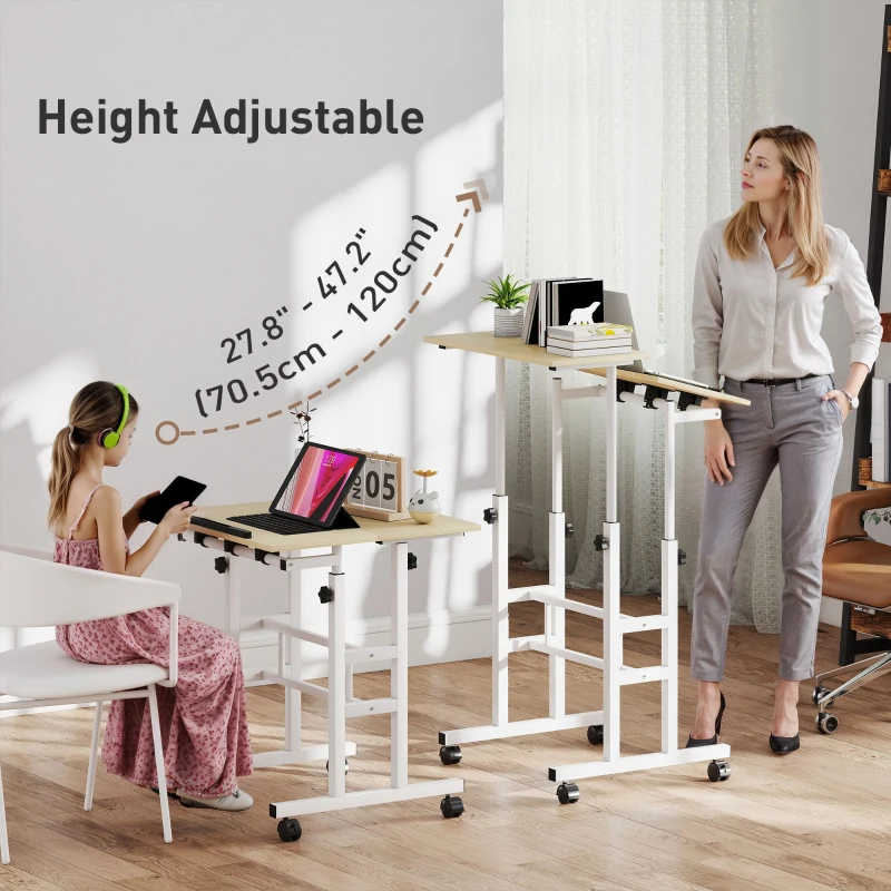 HOMCOM Stand Up Desk, Height & Angle Adjustable Computer Desk with Wheels for Standing or Sitting, Laptop Table, Natural