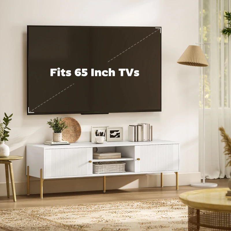HOMCOM TV Stand for TVs up to 65", Entertainment Center with 2 Open Shelves, 2 Cabinets and Steel Legs for Living Room, White