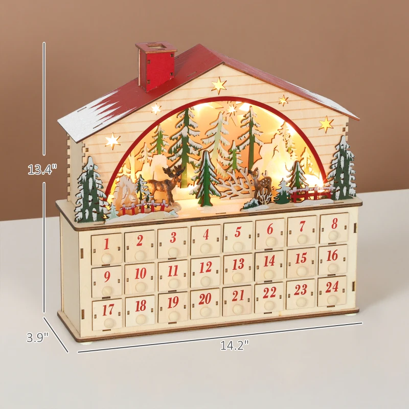 HOMCOM Christmas Advent Calendar with 24 Countdown Drawers and LED Lights, Wooden Advent Calendar House, Battery Operated