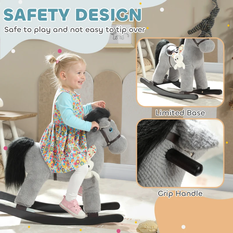 Qaba Kids Rocking Horse, Plush Toddler Ride on Toy with Realistic Neigh and Toy for 2–5 Years Old, Gray