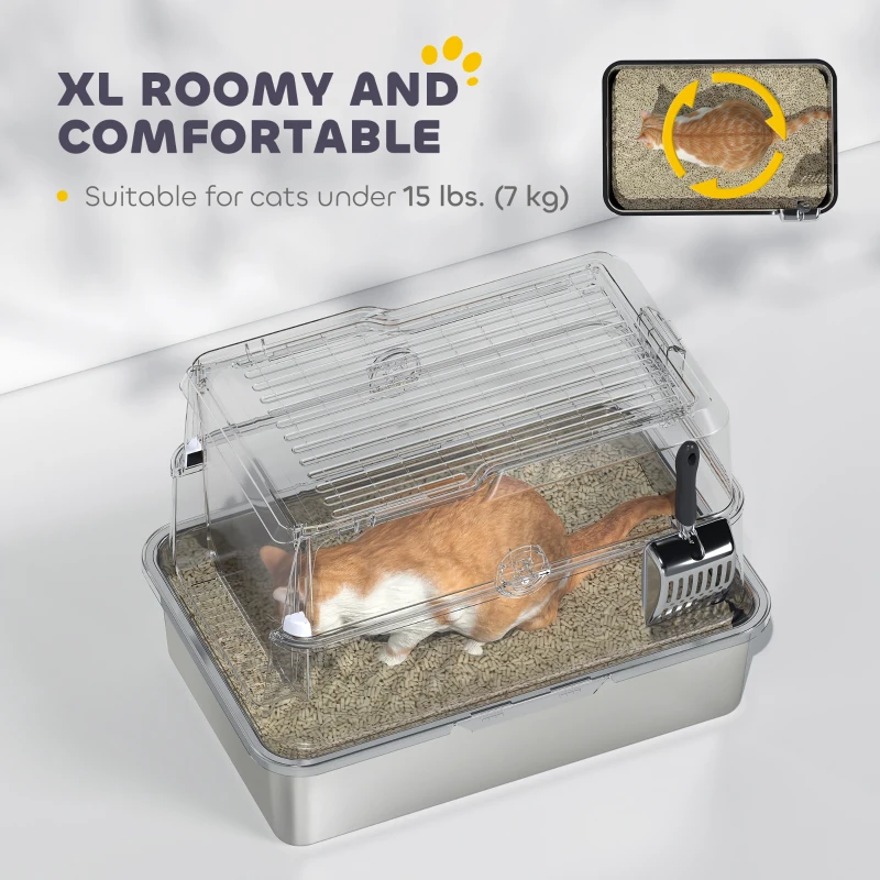 PawHut XL Stainless Steel Cat Litter Box for Big Cats with Flip Top, Scoop, Easy Clean & No Odors, Non-Sticky