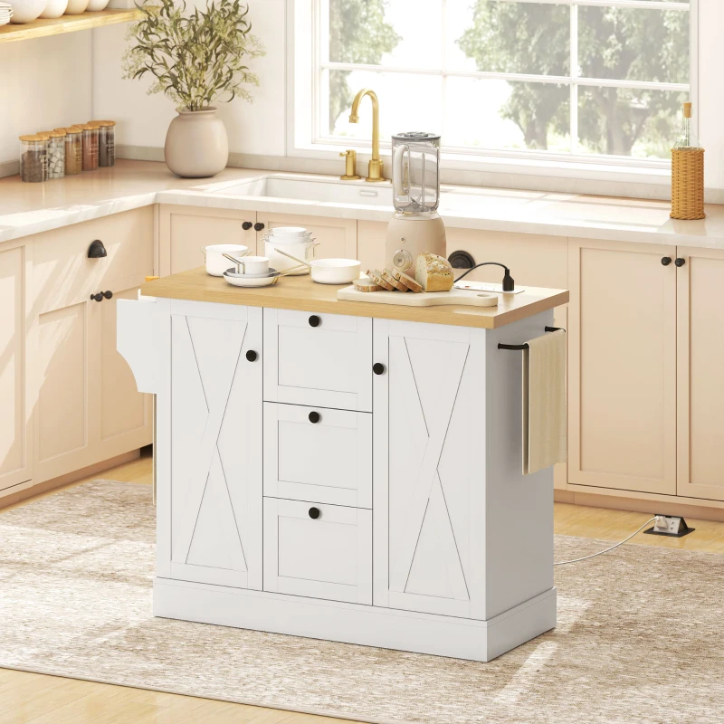 HOMCOM Farmhouse Kitchen Island Cart with Power Outlet and Soft-Close Doors, 49" Kitchen Island with 3 Drawers, White