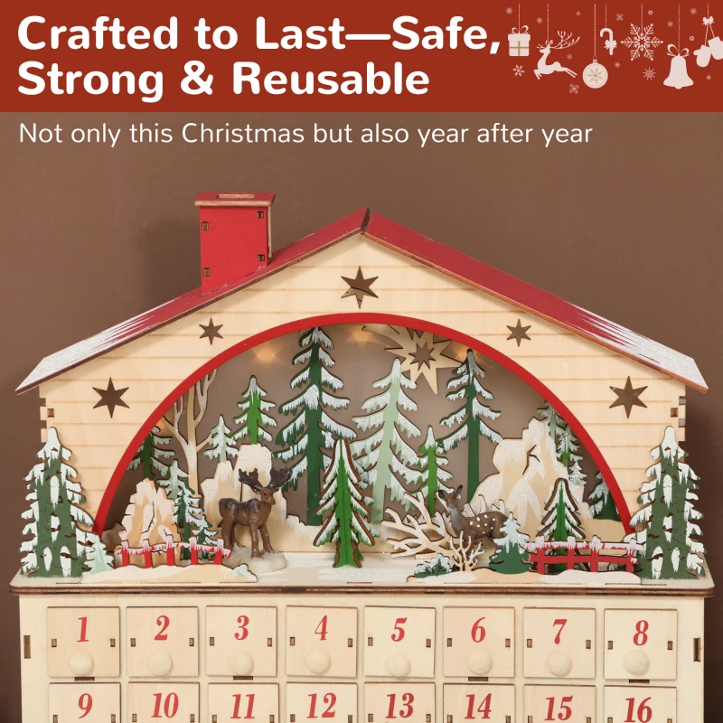 HOMCOM Christmas Advent Calendar with 24 Countdown Drawers and LED Lights, Wooden Advent Calendar House, Battery Operated