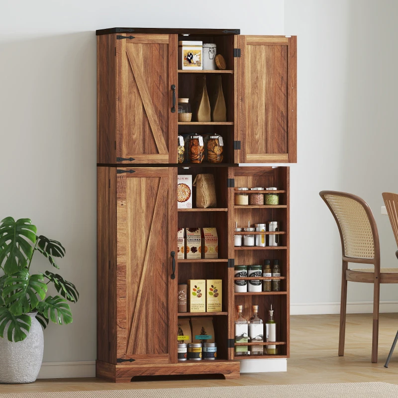 HOMCOM 64" Tall Kitchen Pantry Cabinet with Spice Racks and Adjustable Shelves, Brown Wood Grain