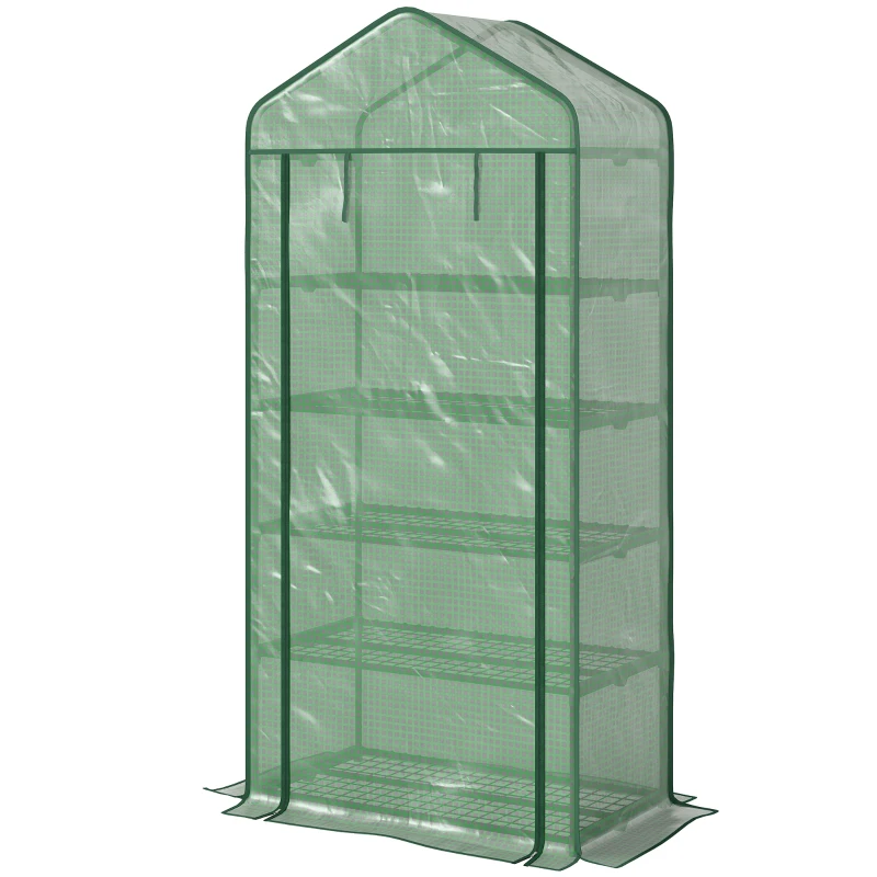 Outsunny 5 Tier Mini Greenhouse, Small Portable Greenhouse with PE Cover, Roll-Up Zippered Door, 76" x 35.4" x 19.3", Green