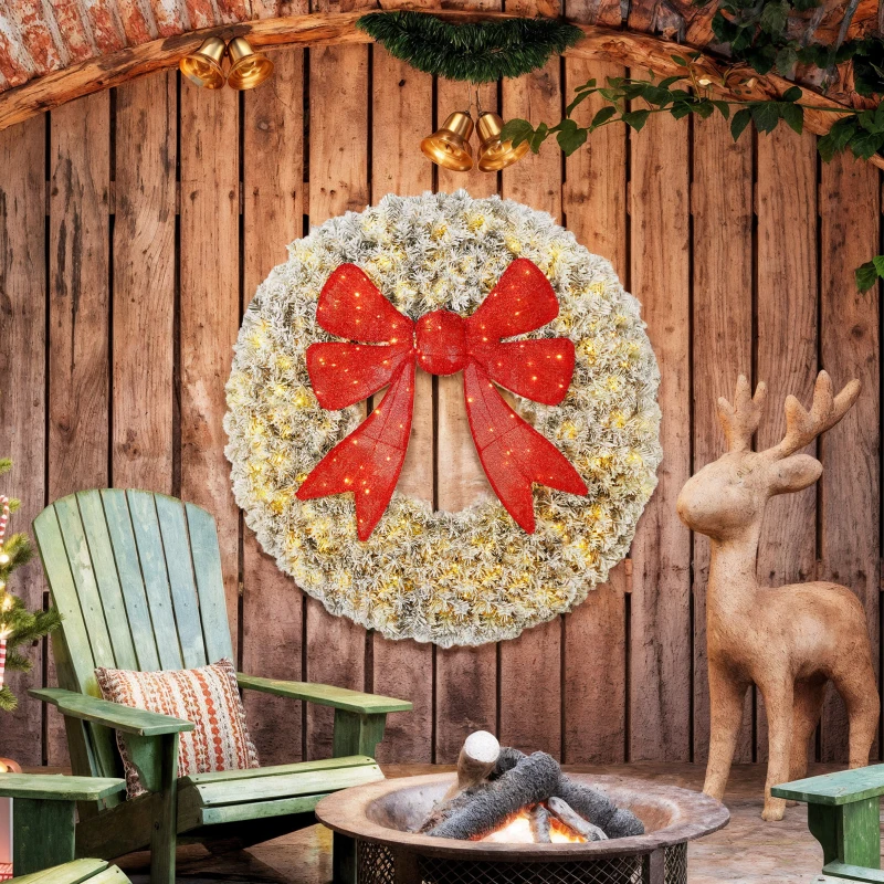 HOMCOM 48in Flocked Pre-Lit Christmas Wreath with 3D Red Bow, 11 Lighting Modes, Front Door Christmas Wreath with Remote