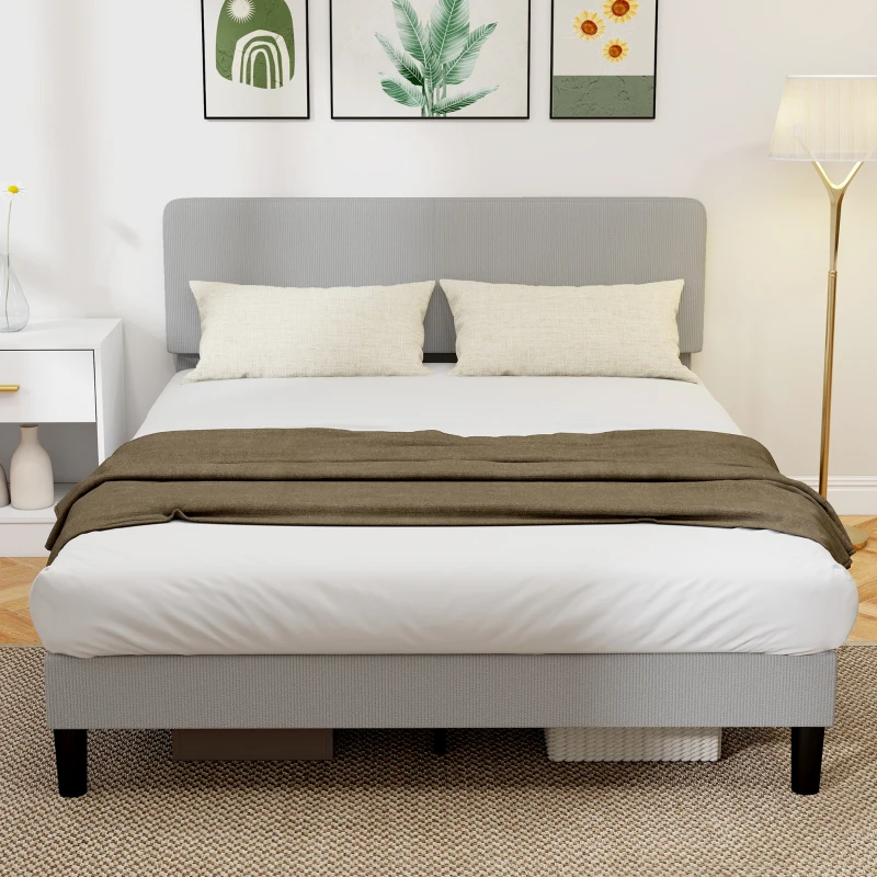 HOMCOM Queen Size Bed Frame with Adjustable Upholstered Headboard Platform Bed Frame Wood Slat Support Noise Free Light Grey