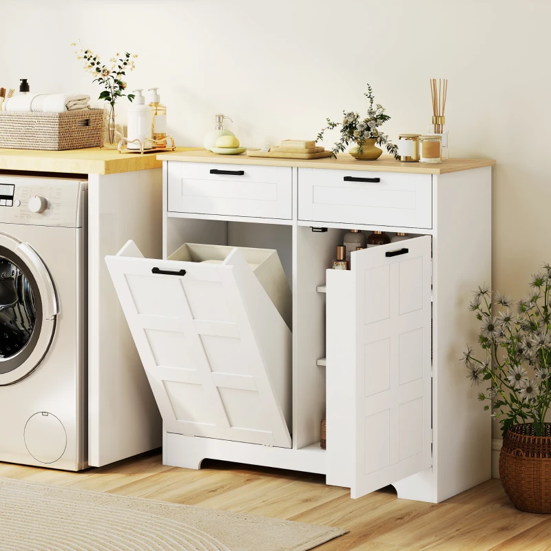 HOMCOM 7 Gallon Tilt Out Garbage Cabinet, Kitchen Island with Trash Cabinet, 2 Drawers, Door Racks, Adjustable Shelves, White