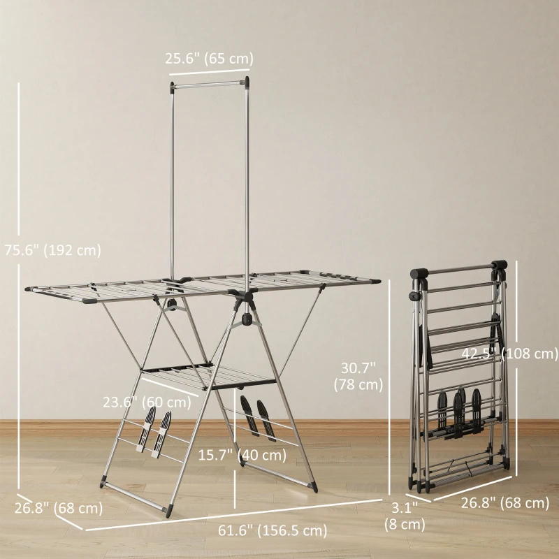 HOMCOM Clothes Drying Rack, Foldable Stainless Steel Laundry Drying Rack with Adjustable Gullwings and Shoe Holders, Silver