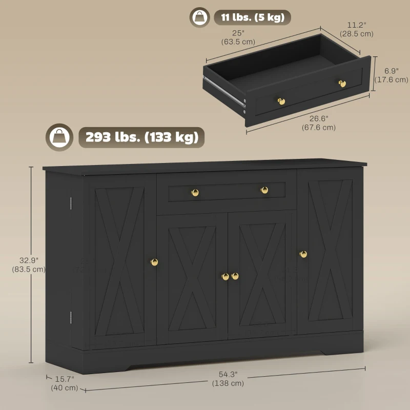 HOMCOM Sideboard Buffet Cabinet, Farmhouse Coffee Bar Cabinet with Door Shelves, Adjustable Shelves, Drawer, Barn Doors, Black