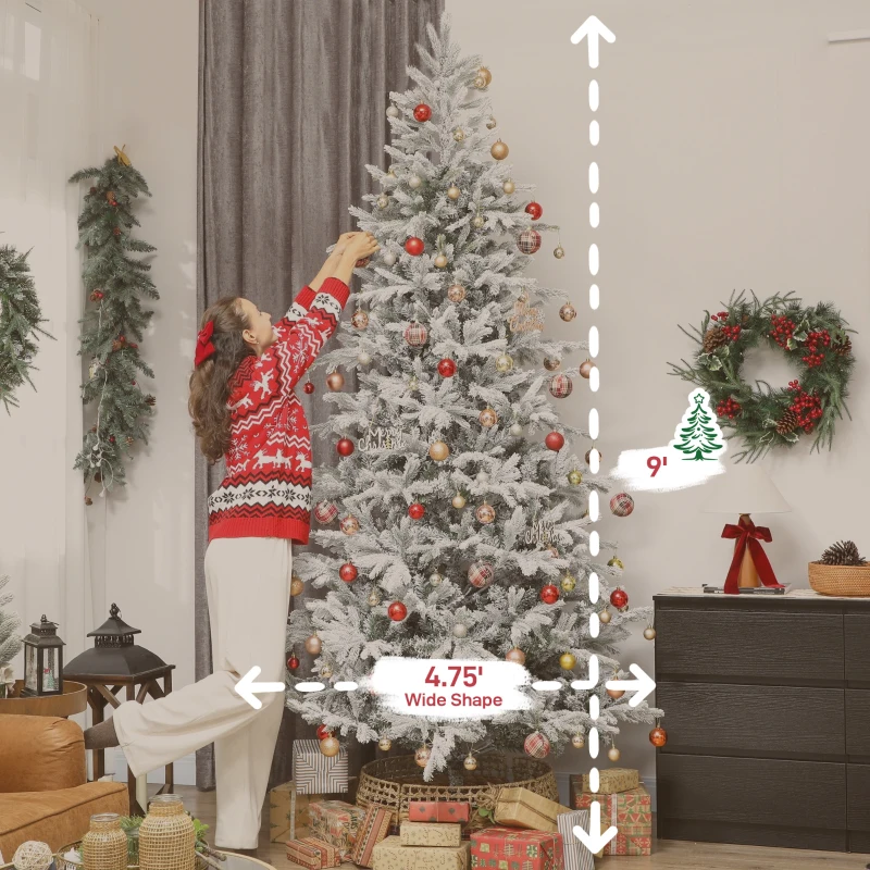 HOMCOM 9 ft Artificial Frosted Christmas Tree with Realistic Branches, Wide Full Spruce, Hinged Xmas Tree, Easy Assembly